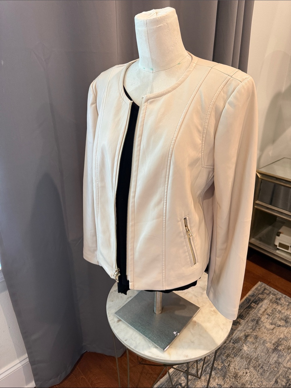 Chico's Cream Collarless Leather Zip Jacket